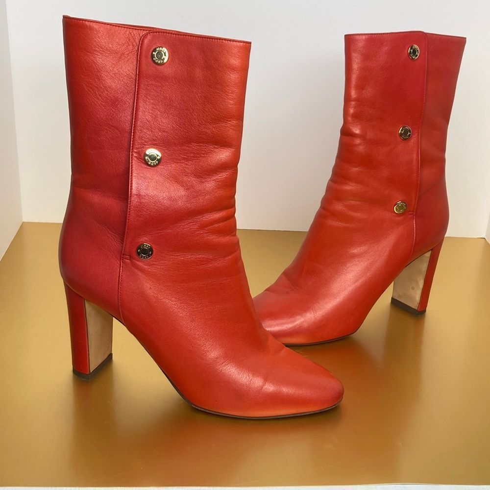 Jimmy Choo Boots Dayno Leather Mid Calf Vibrant Red Gold Button Closure Boots - Picture 5 of 16